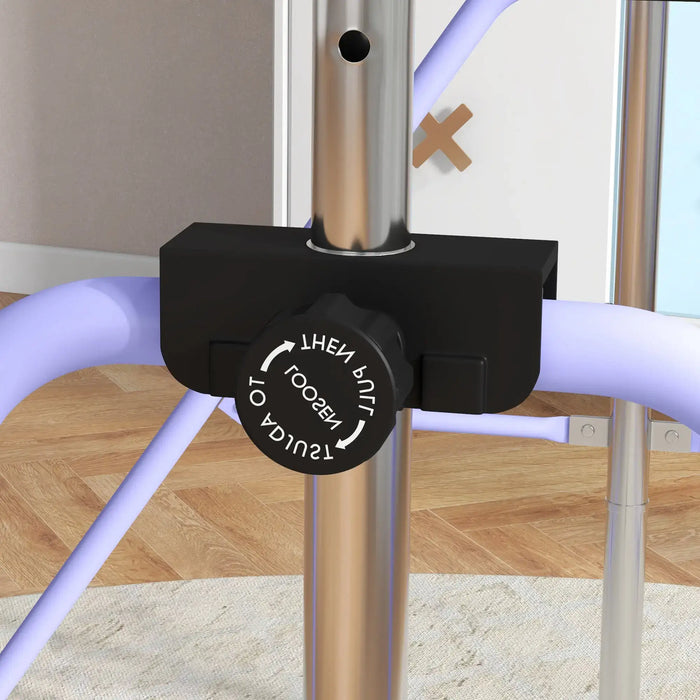 Close-up of adjustable locking knob on a purple and steel kids foldable gymnastics bar indoors