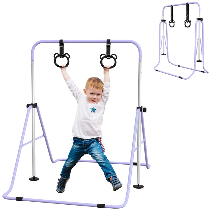 Child playing on a purple adjustable steel gymnastics bar with black bear-shaped rings, Little and Giant Explorers
