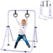Child playing on a purple adjustable steel gymnastics bar with black bear-shaped rings, Little and Giant Explorers