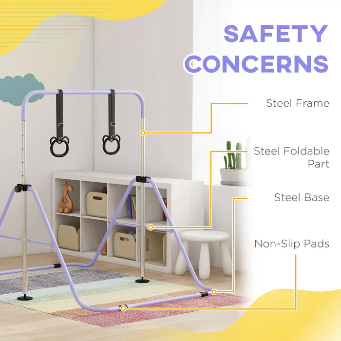 Adjustable purple steel kids gymnastics bar with black rings in cozy playroom demonstrating safety features