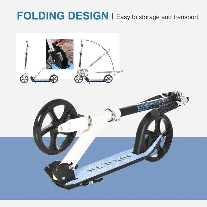 White kids folding kick scooter with adjustable height, foldable design diagram