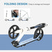 White kids folding kick scooter with adjustable height, foldable design diagram