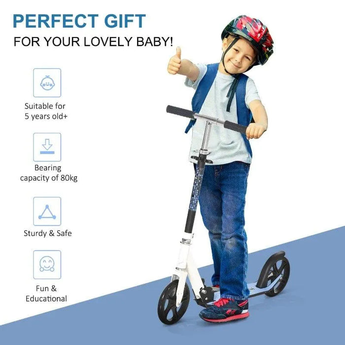 Child riding white folding kick scooter with adjustable height, wearing helmet, on blue background