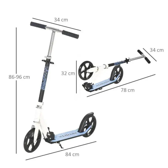 White kids folding kick scooter with adjustable height and foldable design, shown with dimensions.