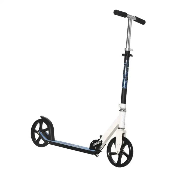 White kids folding kick scooter with adjustable height and large wheels on white background