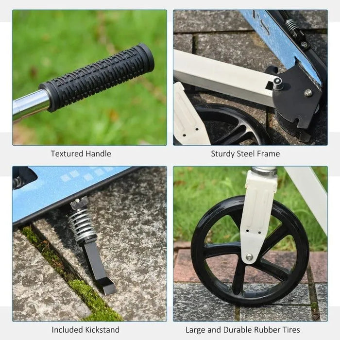 Kids folding kick scooter close-up with textured handle, steel frame, kickstand, and rubber tires