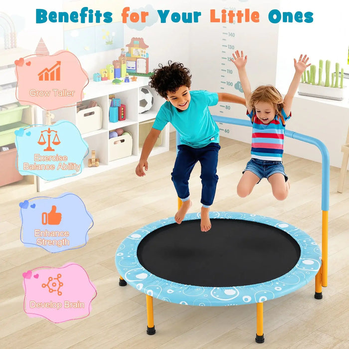 Two children jumping on a small trampoline with text highlighting benefits in a room.