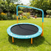 Children's trampoline with blue border and yellow legs in a garden