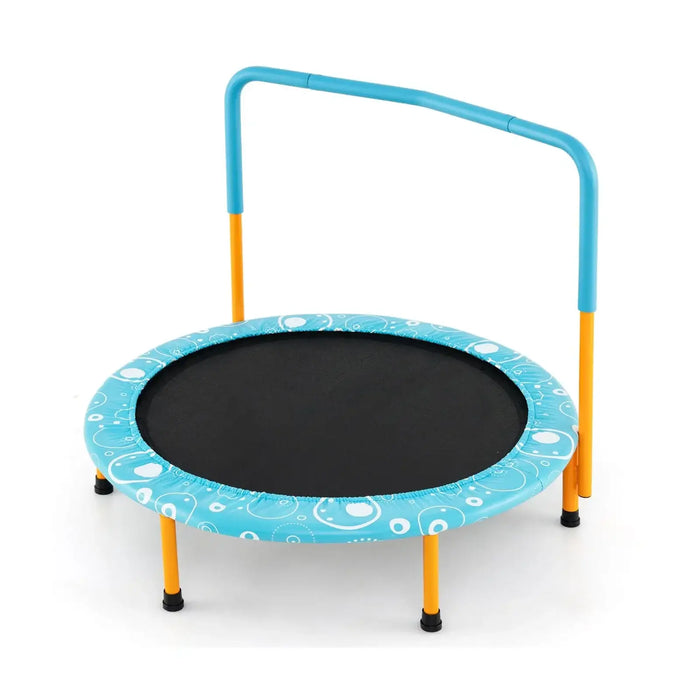 Children's trampoline with blue border and yellow legs on a white background