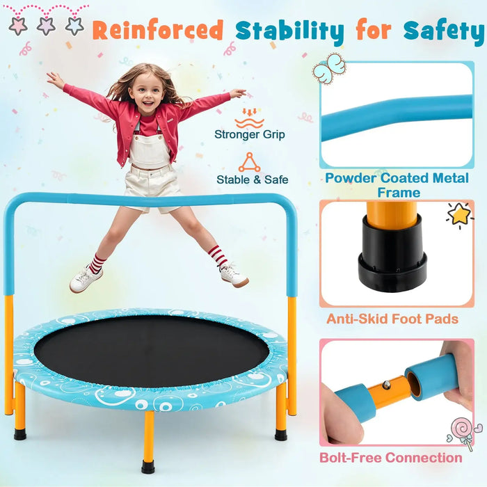 Children's trampoline with safety features highlighted, including a child jumping on it.