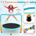 Children's trampoline with safety features highlighted, including a child jumping on it.