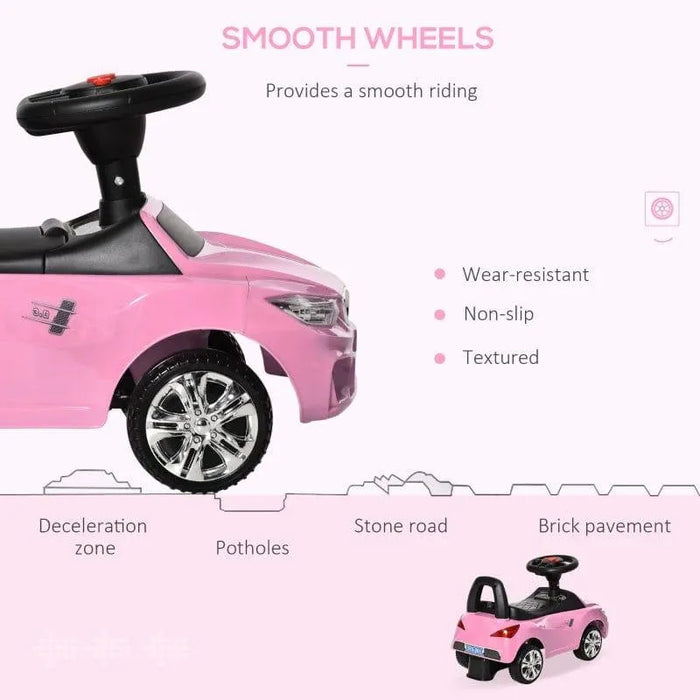 Pink kids ride-on car with smooth, wear-resistant wheels for toddlers, shown on various roads.