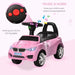 Pink kids ride-on car with flashing LED headlights, music horn, and black seat