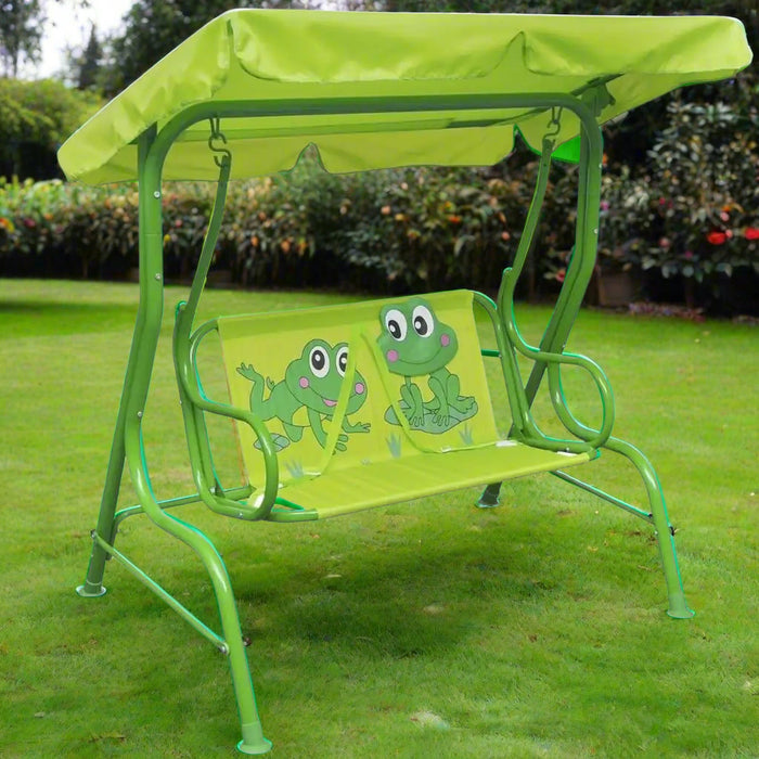 Kids frog design swing seat with sunshade canopy on garden lawn