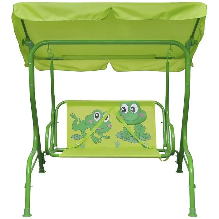Kids green frog design swing seat with sunshade canopy for garden or patio relaxation