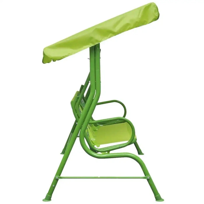 Side view of kids frog design green swing seat with sunshade canopy for patio or garden