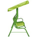 Side view of kids frog design green swing seat with sunshade canopy for patio or garden