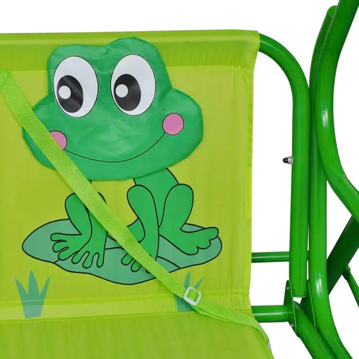 Green kids swing seat with cute frog design and safety strap for garden or patio use