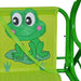 Green kids swing seat with cute frog design and safety strap for garden or patio use