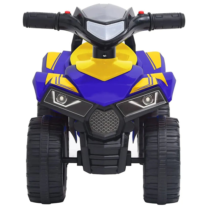 Front view of a blue and yellow kids ride-on ATV quad bike toy with large tires