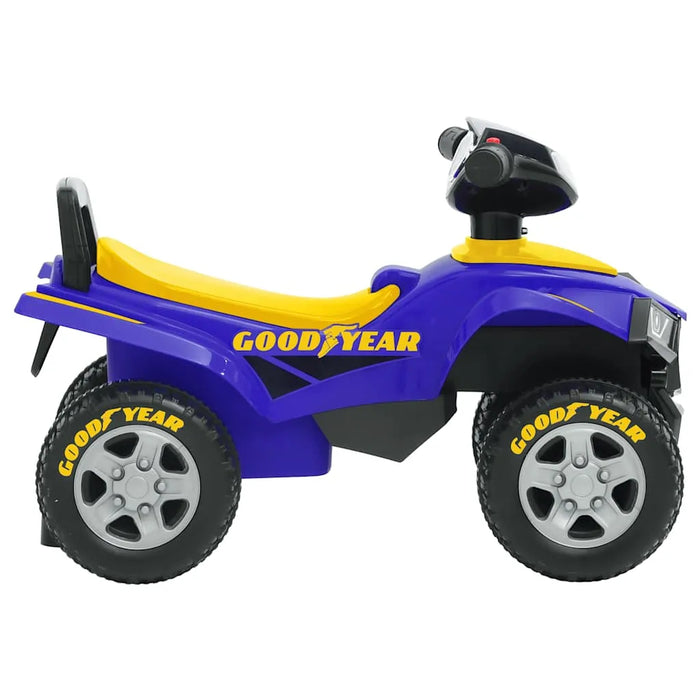 Goodyear branded blue and yellow kids ride-on ATV toy vehicle, side view