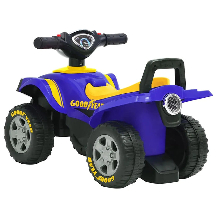 Blue and yellow Goodyear kids ride-on quad bike toy with large wheels