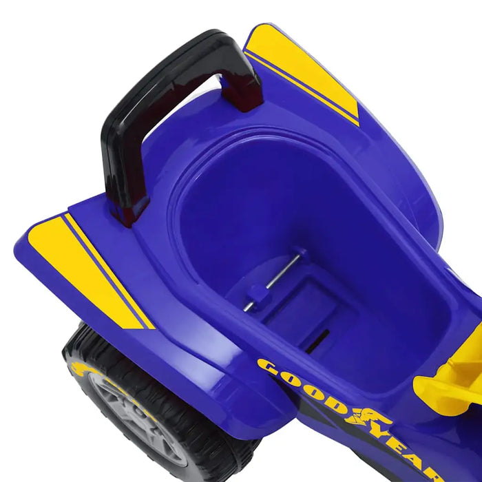 Blue and yellow Goodyear toy car rear handle and storage compartment