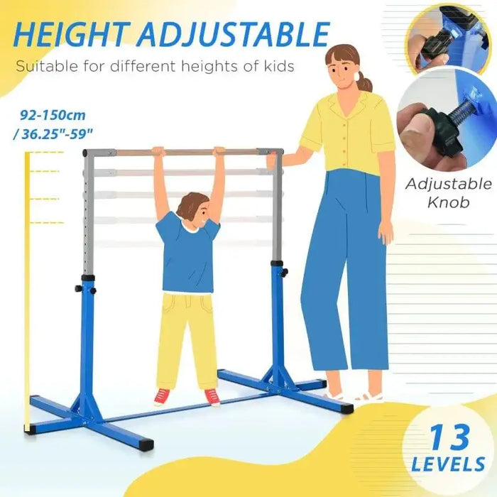 Kids adjustable gymnastics horizontal bar with blue steel frame, 13 height levels, parent assisting