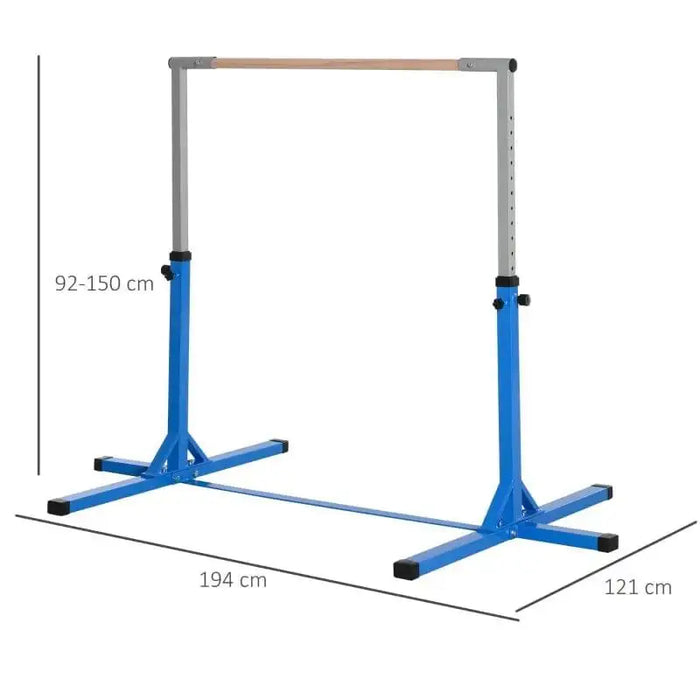 Blue steel kids gymnastic horizontal bar with adjustable height and dimensions marked