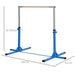 Blue steel kids gymnastic horizontal bar with adjustable height and dimensions marked