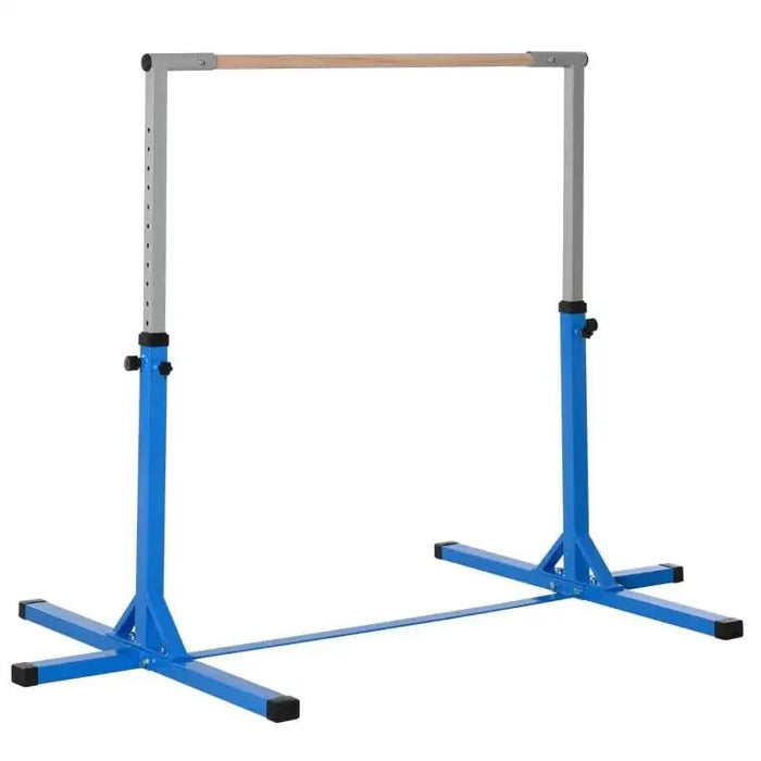 Kids adjustable gymnastics horizontal bar with blue steel frame on white background