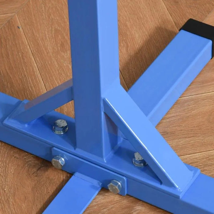 Blue steel frame base of kids gymnastic horizontal bar on wood floor