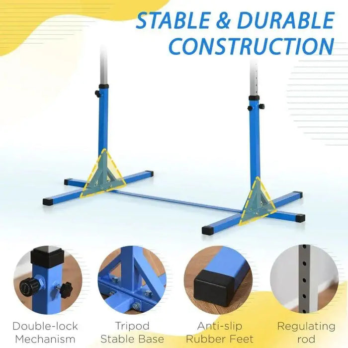 Blue steel kids gymnastic horizontal bar with tripod base, rubber feet, and adjustable height.