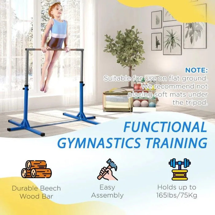 Kids blue steel gymnastics horizontal bar in bright room, child practicing on adjustable bar.