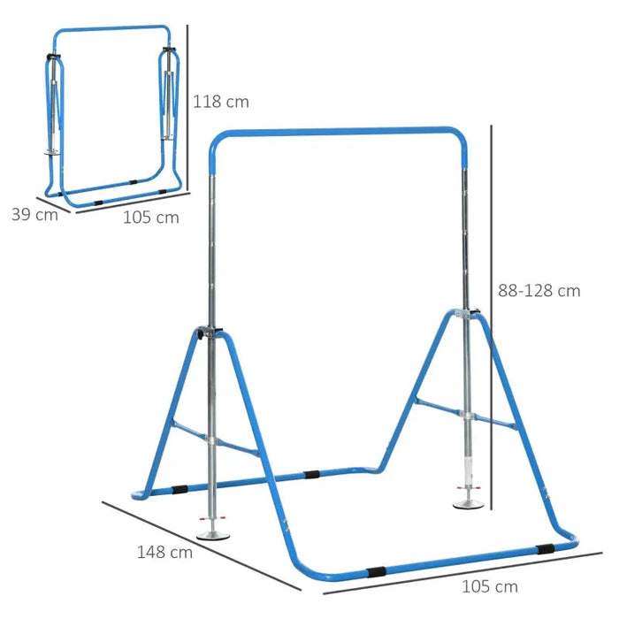 Kids Gymnastics Bar with Adjustable Height and Foldable Training Bar in Blue - Little and Giant Explorers HOMCOM