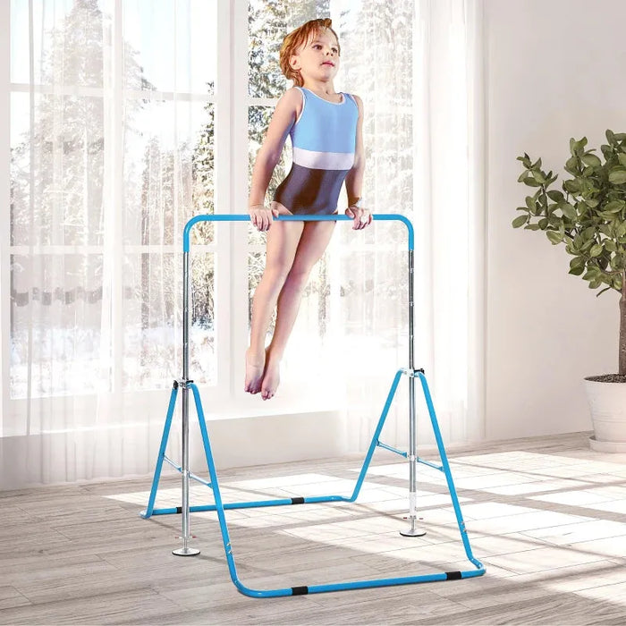 Kids Gymnastics Bar with Adjustable Height and Foldable Training Bar in Blue - Little and Giant Explorers HOMCOM