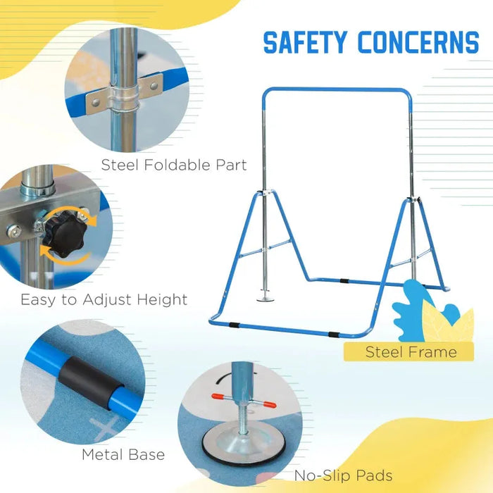 Kids Gymnastics Bar with Adjustable Height and Foldable Training Bar in Blue - Little and Giant Explorers HOMCOM