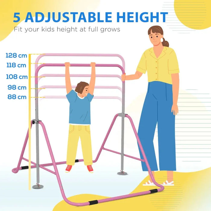 Kids Gymnastics Bar with Adjustable Height and Foldable Training Bar in Pink - Little and Giant Explorers HOMCOM