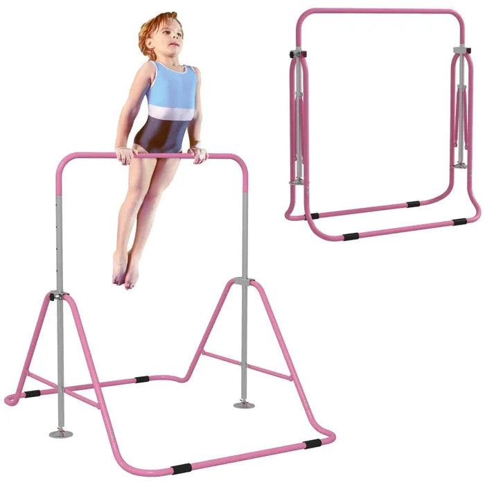 Kids Gymnastics Bar with Adjustable Height and Foldable Training Bar in Pink - Little and Giant Explorers HOMCOM