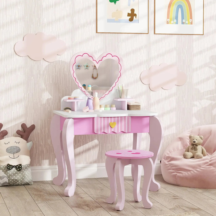 Kids Heart Theme Vanity Table with Stool and Mirror - Little and Giant Explorers AIYAPLAY