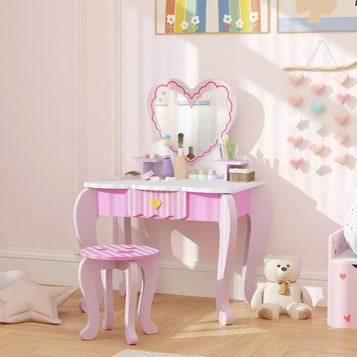 Kids Heart Theme Vanity Table with Stool and Mirror - Little and Giant Explorers AIYAPLAY