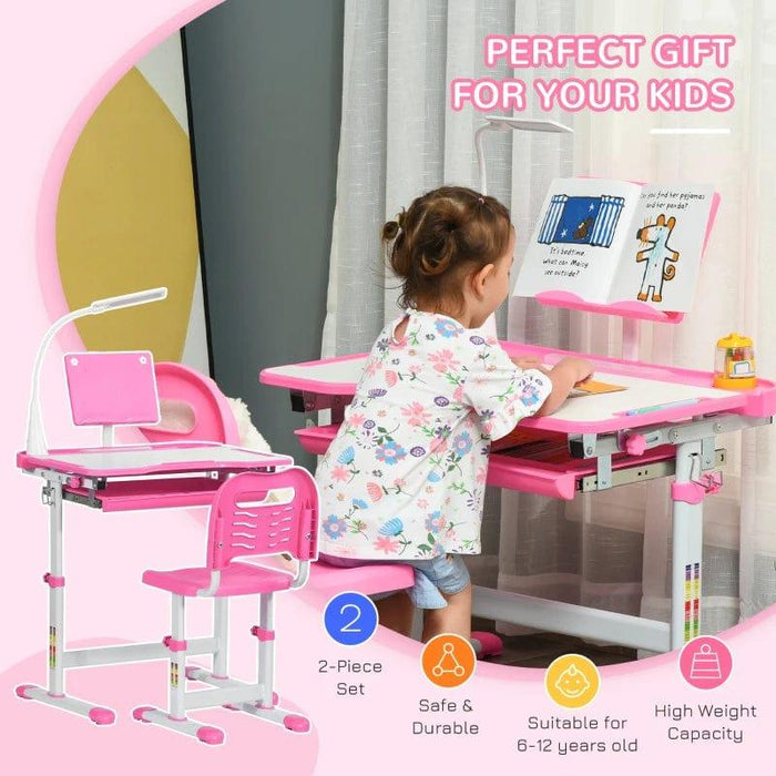 Height Adjustable Study/Art Desk and Chair Set with USB Lamp and Storage Drawer in Pink - Little and Giant Explorers HOMCOM