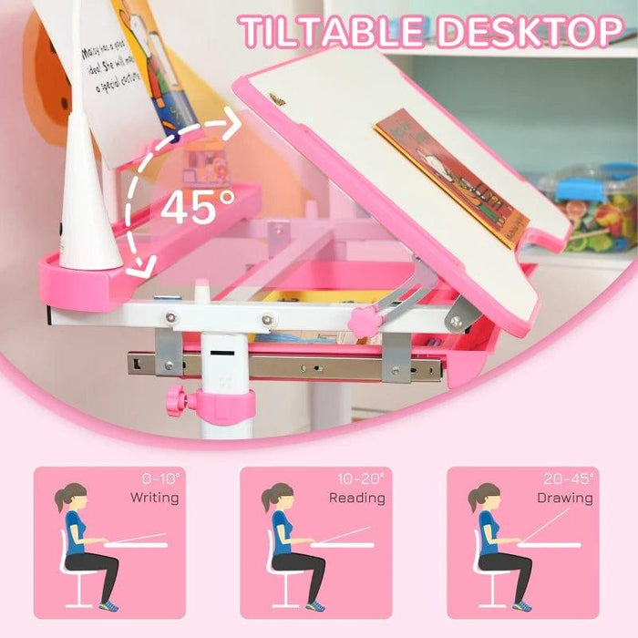 Height Adjustable Study/Art Desk and Chair Set with USB Lamp and Storage Drawer in Pink - Little and Giant Explorers HOMCOM