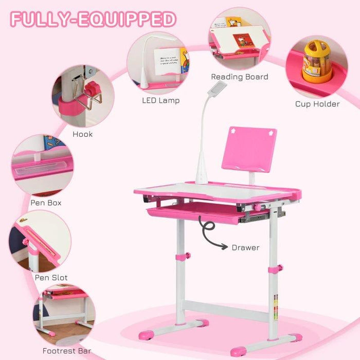 Height Adjustable Study/Art Desk and Chair Set with USB Lamp and Storage Drawer in Pink - Little and Giant Explorers HOMCOM