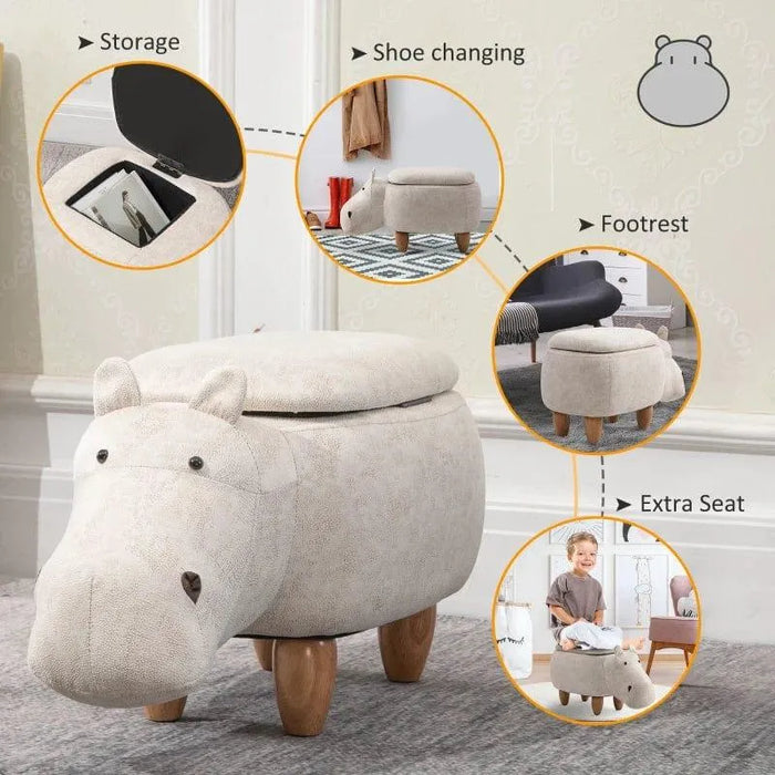Kids hippo storage stool with hidden compartment, footrest, and extra seat features
