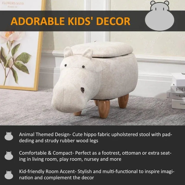 Kids hippo storage stool with fabric upholstery, wooden legs, and hidden compartment in a room