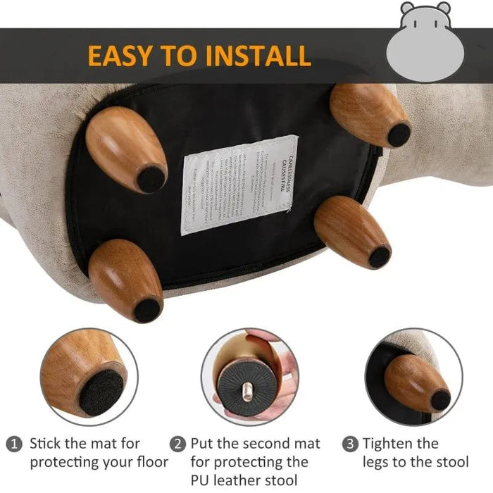 Bottom view of kids hippo storage stool showing wooden legs and easy assembly steps