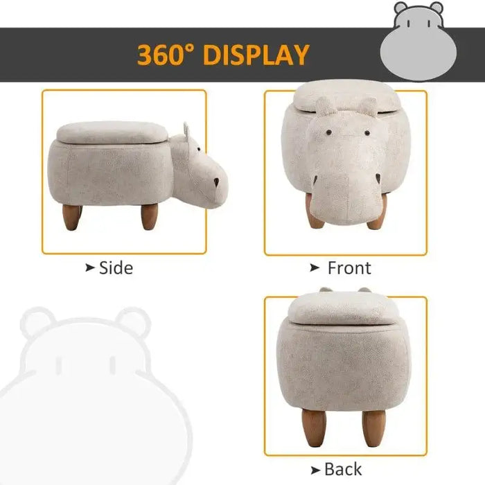 kids hippo storage stool in beige shown from side, front, and back with wooden legs