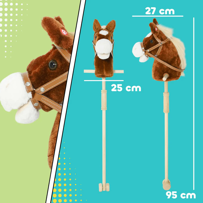 Plush horse toy with measurement details on a green and blue background