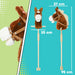 Plush horse toy with measurement details on a green and blue background